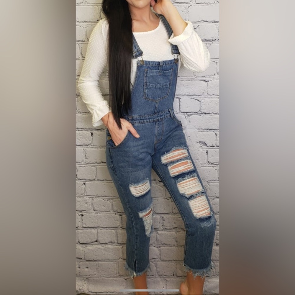 DISTRESSED DENIM OVERALLS BY AMERICAN BAZI SIZE MEDIUM